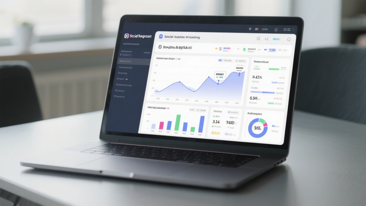 Laptop screen displaying social media advertising dashboards with graphs and performance metrics, representing paid social ad training in a professional setting.
