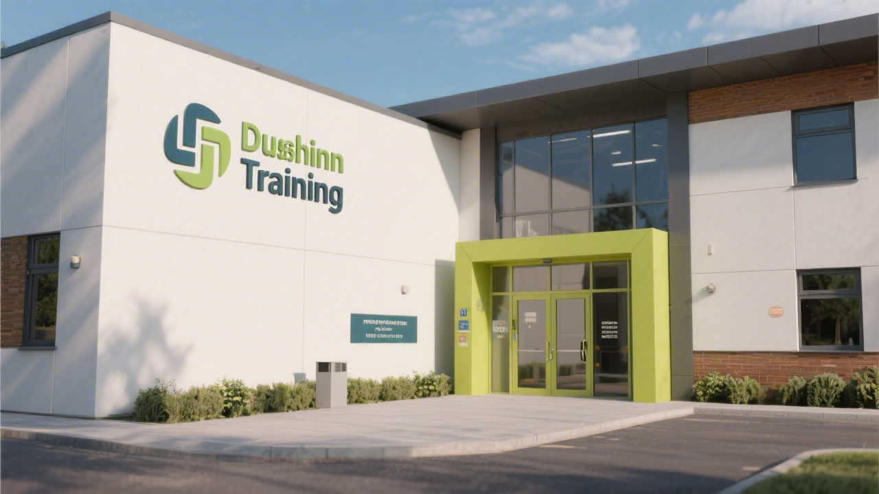 Exterior view of a modern Dublin training building with clean signage and a bright entrance, representing a welcoming education facility.