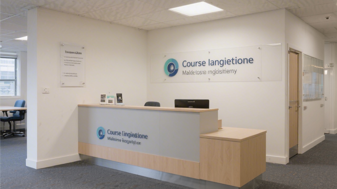 Professional office reception area in Dublin with a simple desk, neutral decor, and clear signage, conveying a welcoming environment for course enquiries.