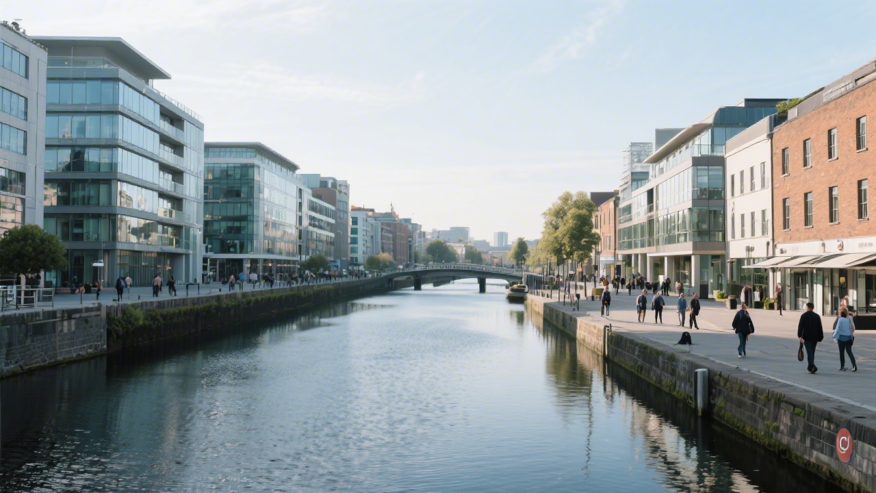 Wide view of Dublin’s Grand Canal with modern offices and people walking, representing an urban professional setting suitable for hands-on social media marketing training in Ireland.