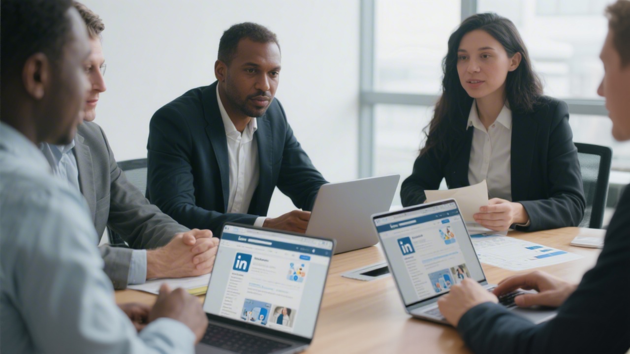 Business professionals collaborating around a table with laptops open to LinkedIn pages, highlighting professional networking and content planning.