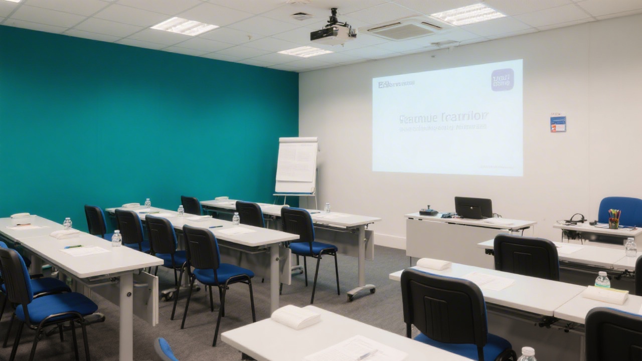 Bright training room with modern tables, large display screen, and students working on content planning, highlighting a professional education environment in Dublin.